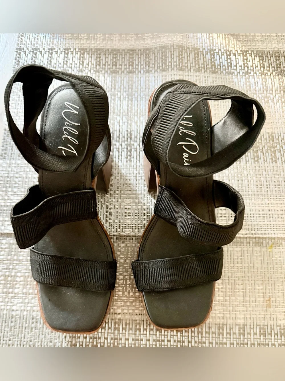 Wild Pair : Black Strap Platform Sandals with Wood-Effect Heel